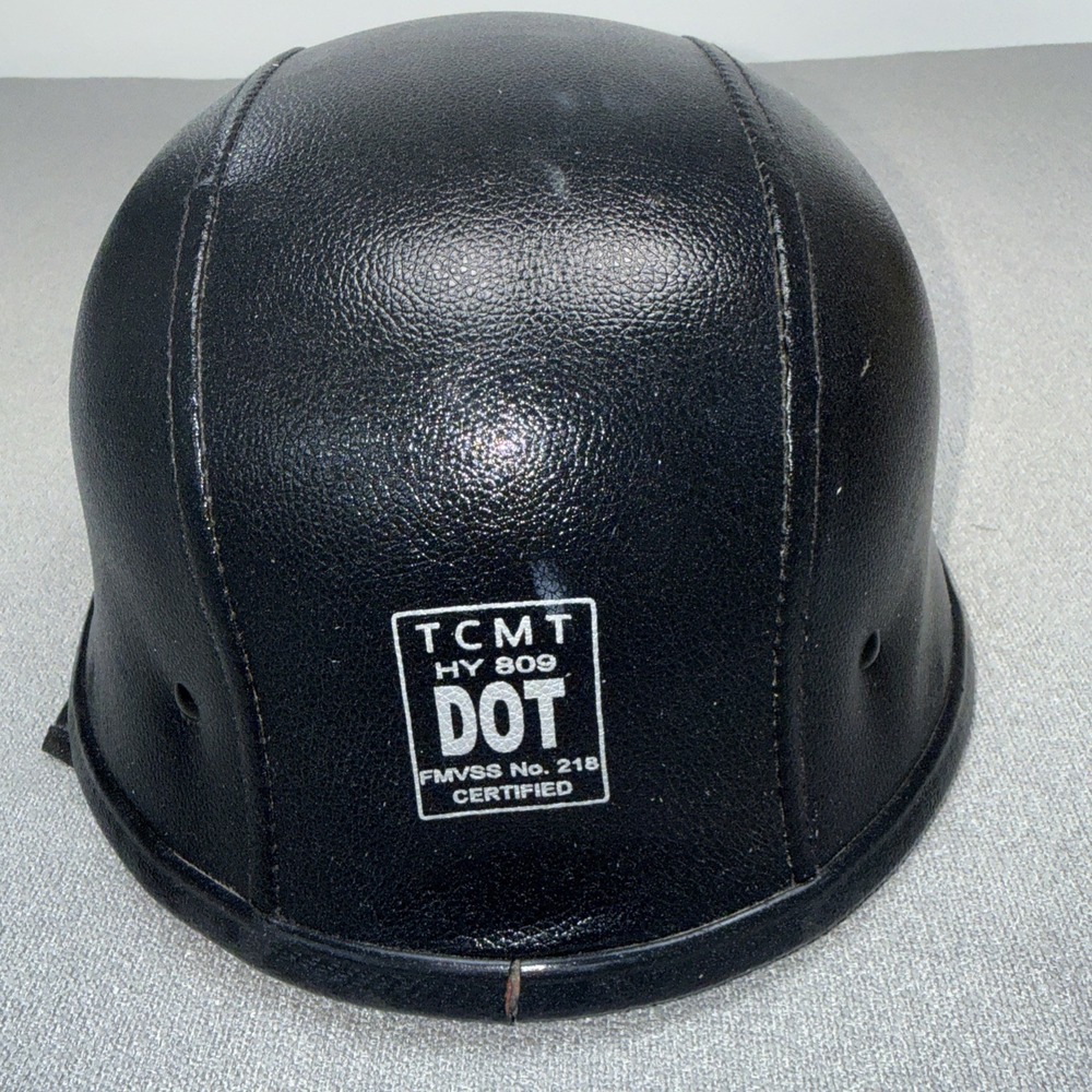 BLACK LEATHER COVERED MOTORCYCLE HALF HELMET - Dot Fiber Glass Size XL